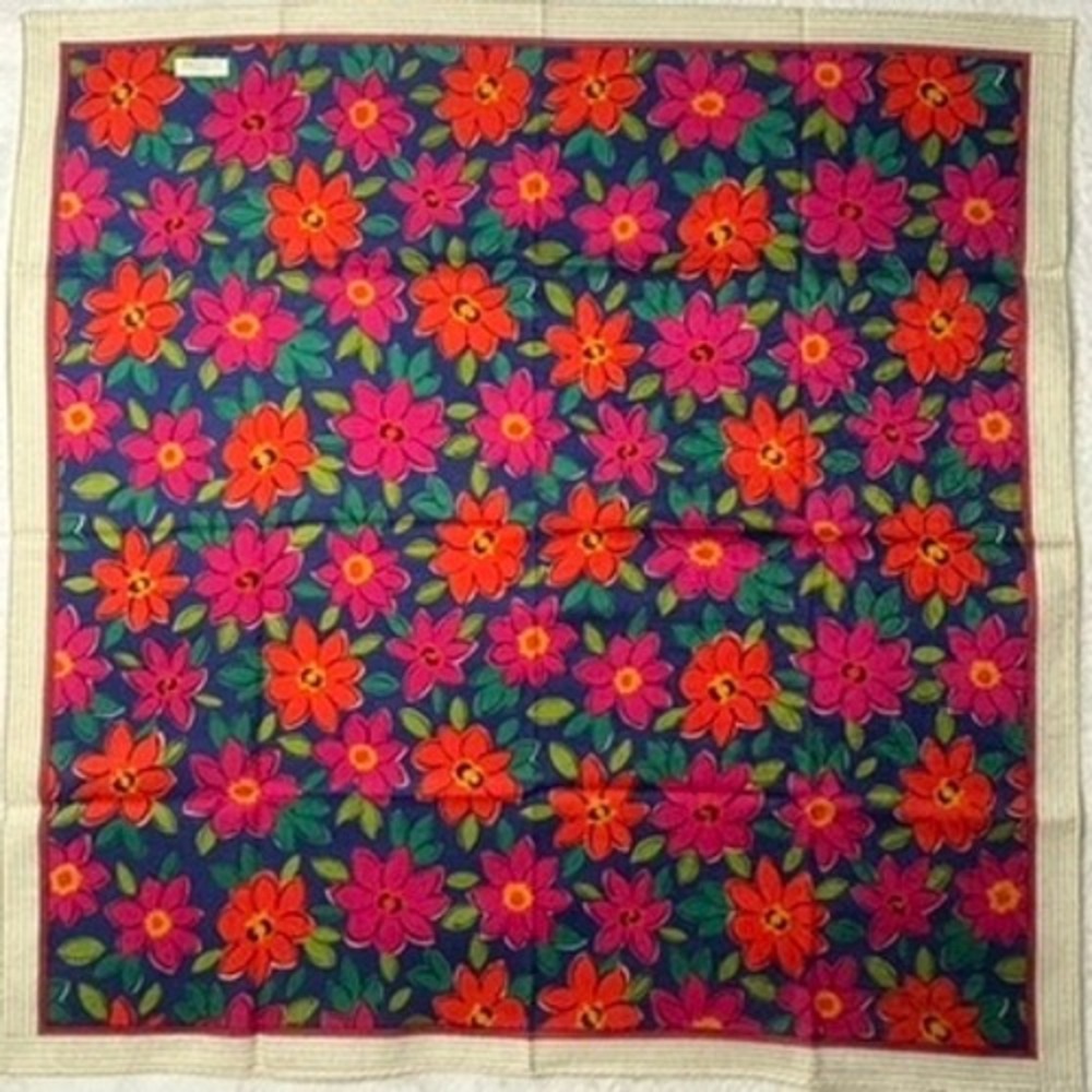 Vtg GIVENCHY Scarf Handkerchief Floral Navy Blue Red 18.5"